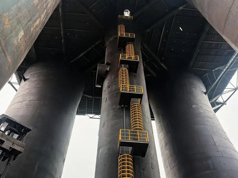 Planta de indústria pesada com escadas fixas em torres e estruturas