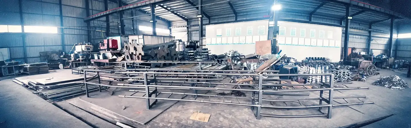 Vista ampla da oficina da fábrica com estruturas de escadas em produção